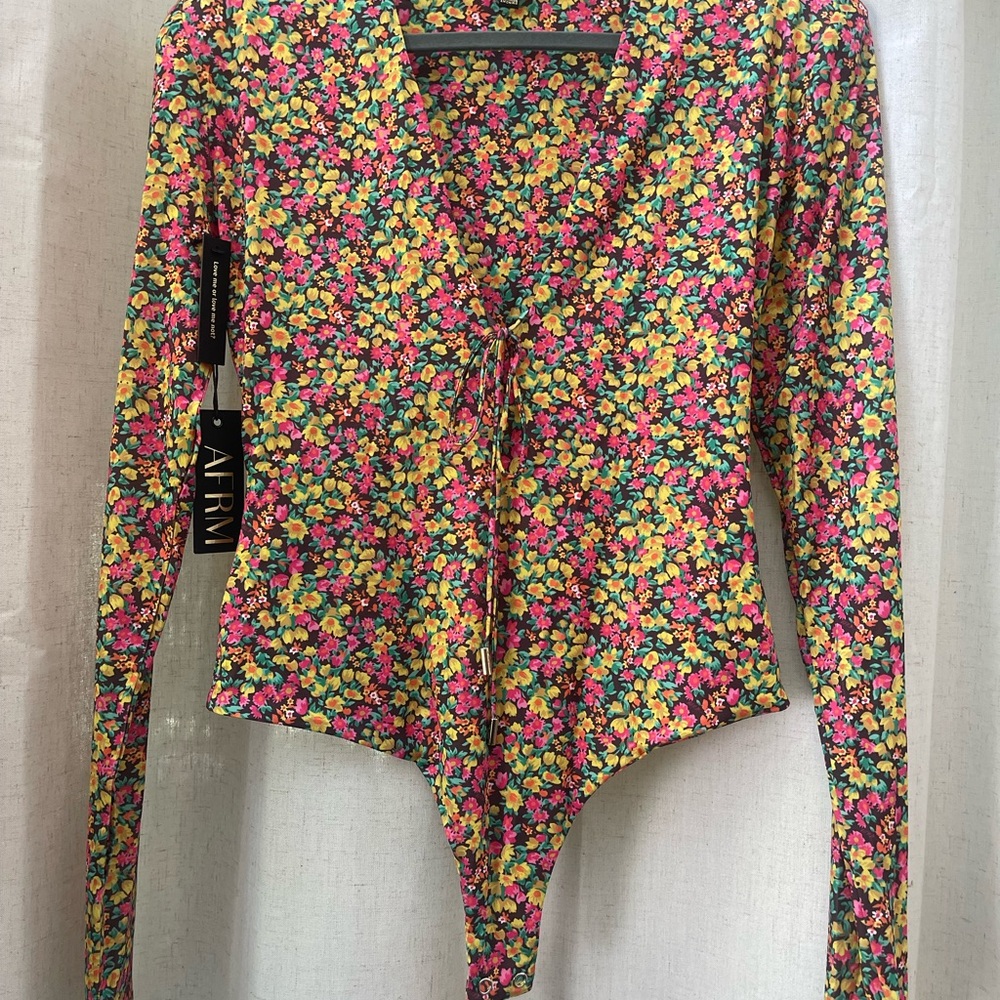 NEW AFRM Pink and Yellow Floral Long Sleeve Bodysuit - Picture 2 of 9